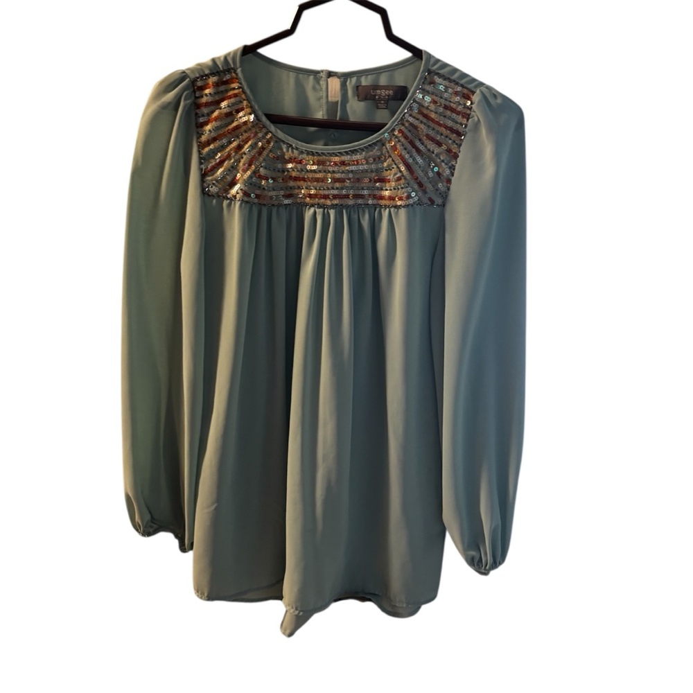 Umgee Seafoam Green Long Sleeve Beaded Yoke Blouse